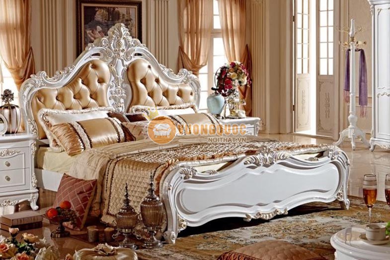 Giường gỗ sồi trắng phong cách tân cổ điển
