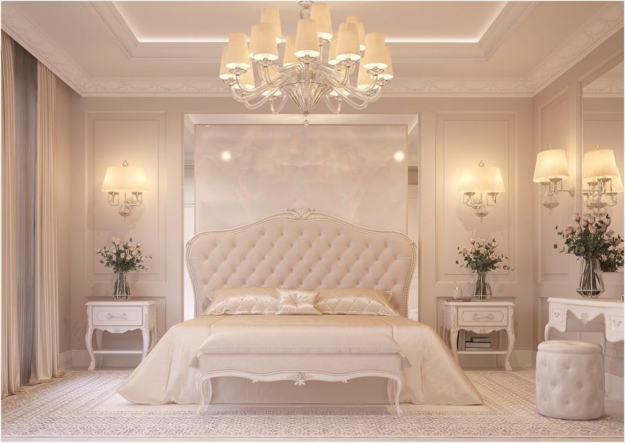 Phòng ngủ tân cổ điển màu trắng tiện nghi