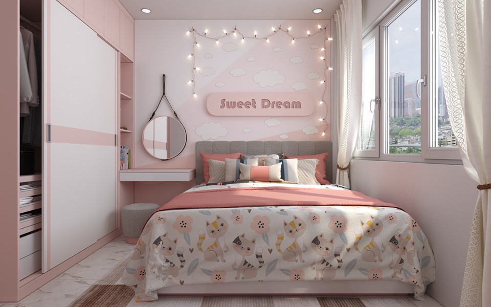 Mẫu phòng ngủ con gái họa tiết 3D