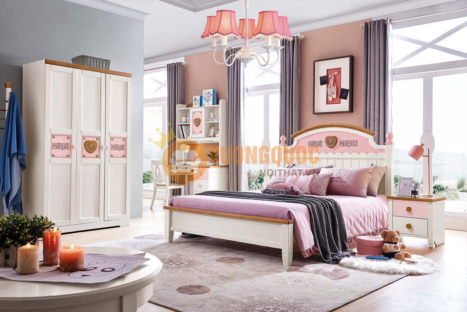Thiết kế giường đôi cho con gái đáng yêu màu hồng 