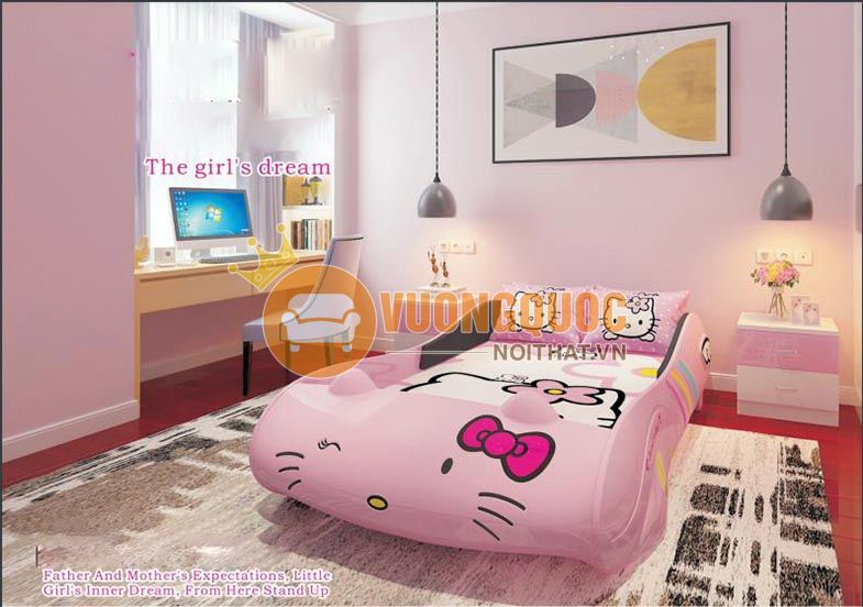 Giường ngủ màu hồng hình hello kitty cho bé gái 
