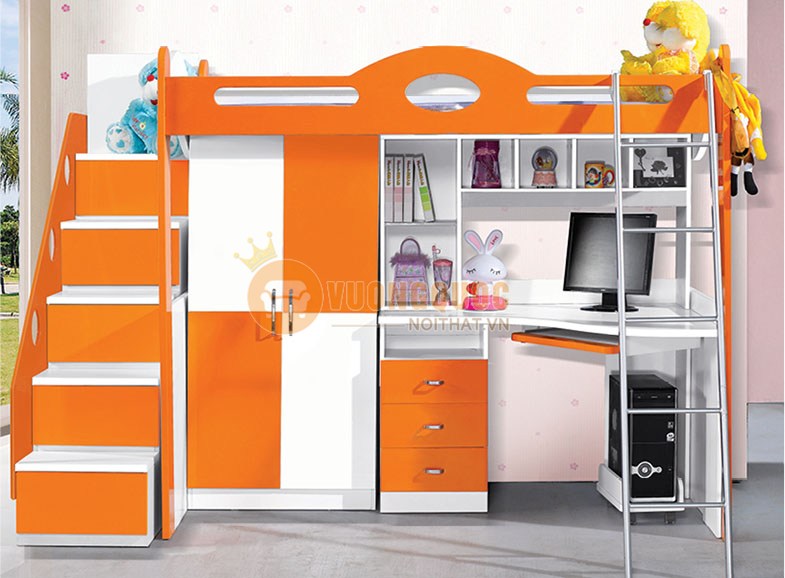 Giường tầng cho bé gái có bàn học màu cam nổi bật 