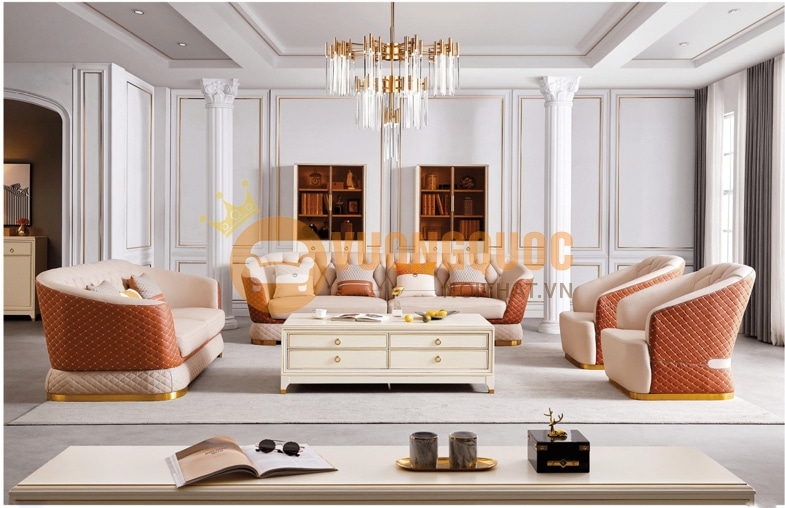 Mẫu sofa phòng khách bằng da màu cam
